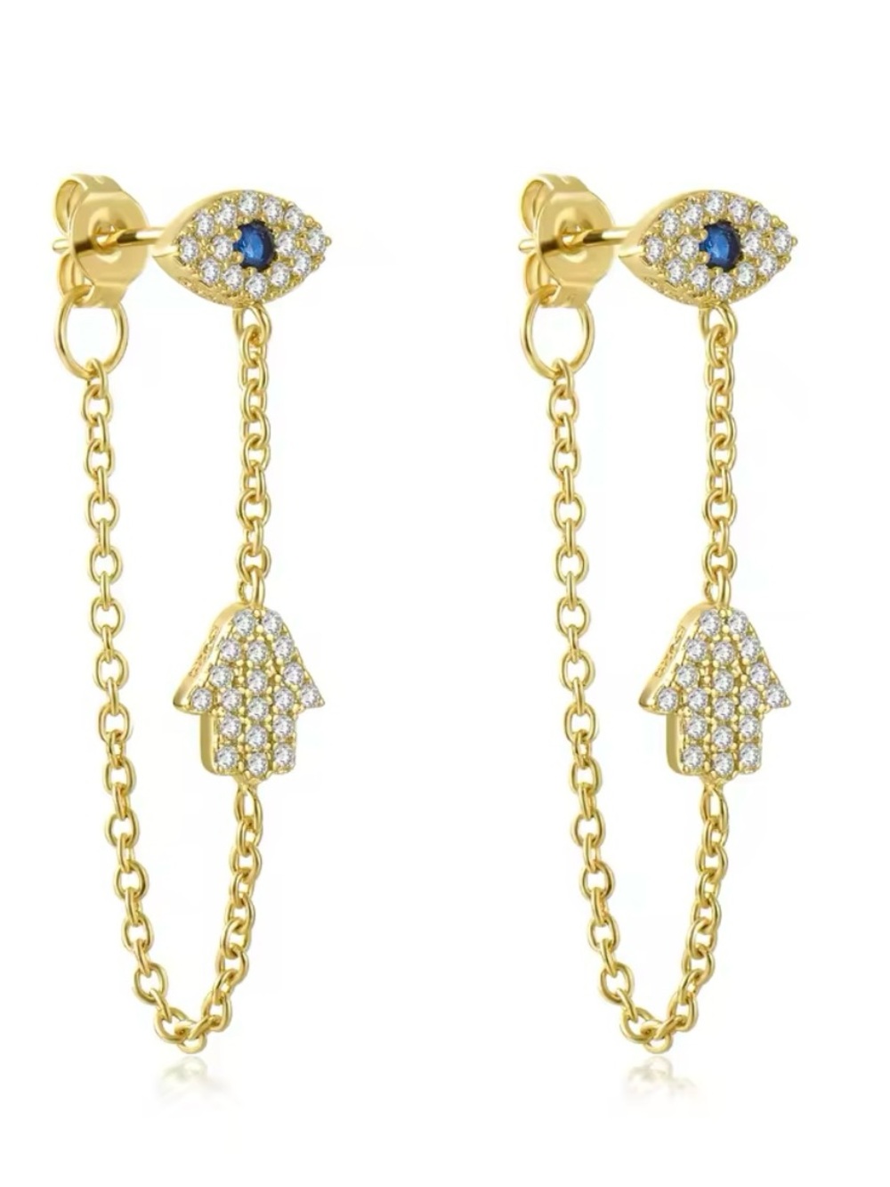 925 Sterling Silver Gold Hamsa & Evil Eye Drop Chain Earrings with Blue Center